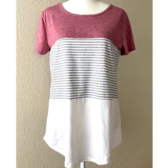 YunJey Round Neck Triple Color Block Stripe TShirt - Picture 1 of 6